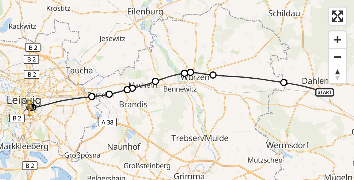 Flugroute Rettungshubschrauber Dahlen - Leipzig University Hospital Heliport 1, 20 Mai 2026, 15:41