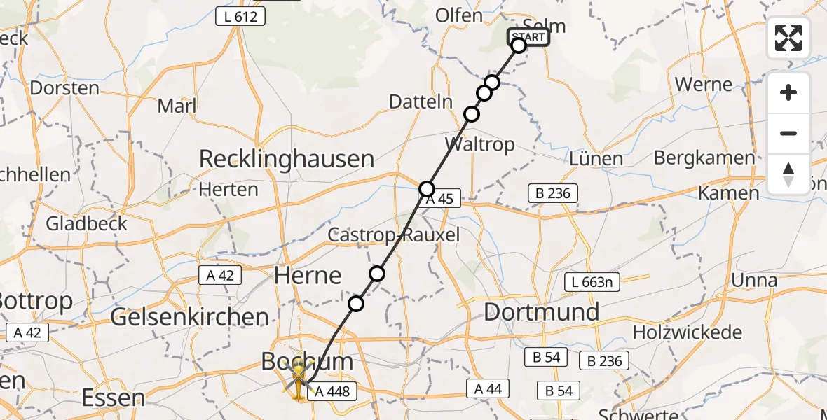 Flugroute Rettungshubschrauber Selm - Bochum, 20 Mai 2026, 15:50