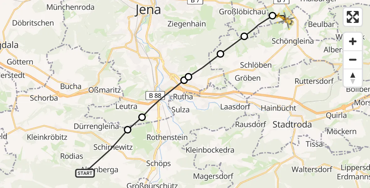Flugroute Rettungshubschrauber Altenberga - Bürgel, 20 Mai 2026, 15:55