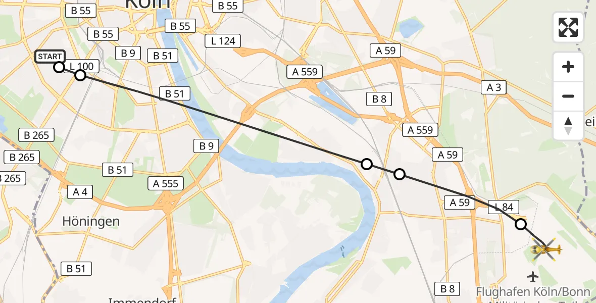 Flugroute Rettungshubschrauber Köln University Hospital - Köln Bonn Flughafen, 20 Mai 2026, 16:01