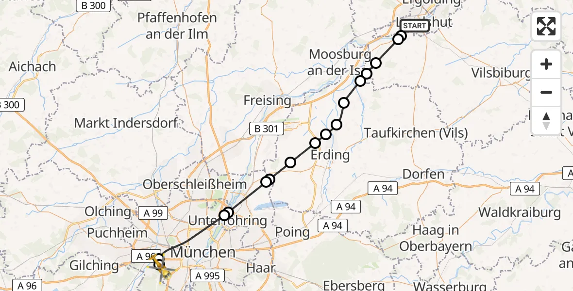 Flugroute Rettungshubschrauber Landshut - DRF Air Rescue München Hubschrauberlandeplatz, 20 Mai 2026, 16:04