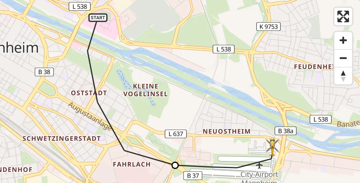 Flugroute Rettungshubschrauber Mannheim - Mannheim-City Flughafen, 20 Mai 2026, 16:04