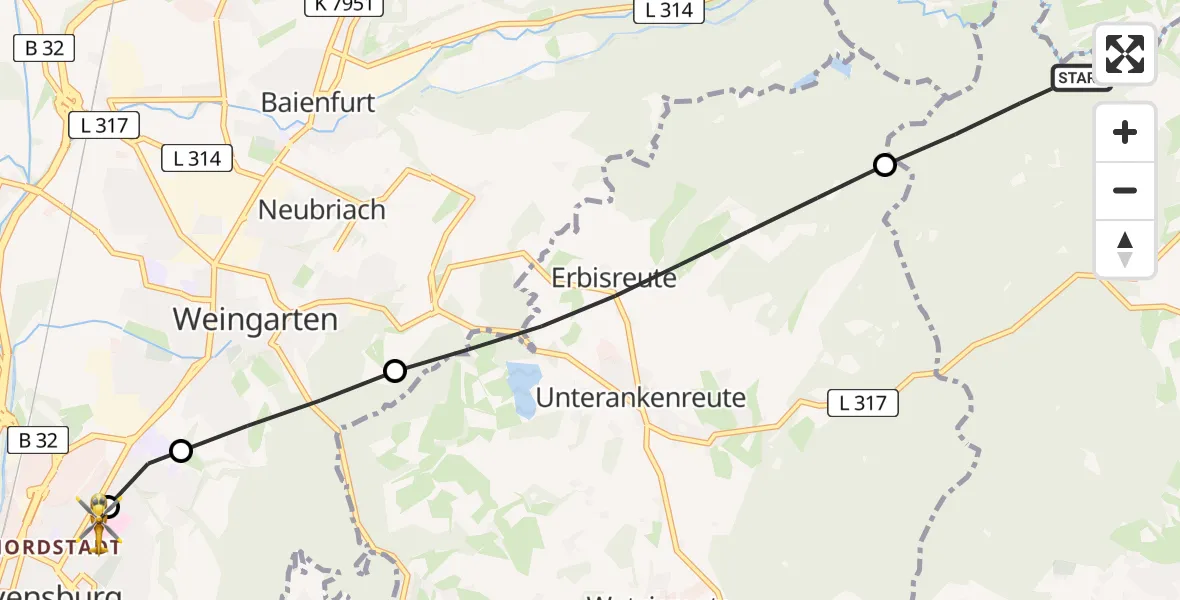 Flugroute Rettungshubschrauber Wolfegg - Sankt Elisabeth Hospital, 20 Mai 2026, 16:12