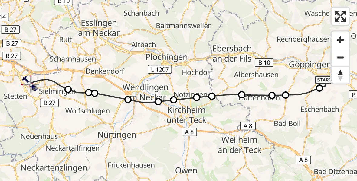 Flugroute Polizeihubschrauber Göppingen - Flughafen Stuttgart, 20 Mai 2026, 16:18