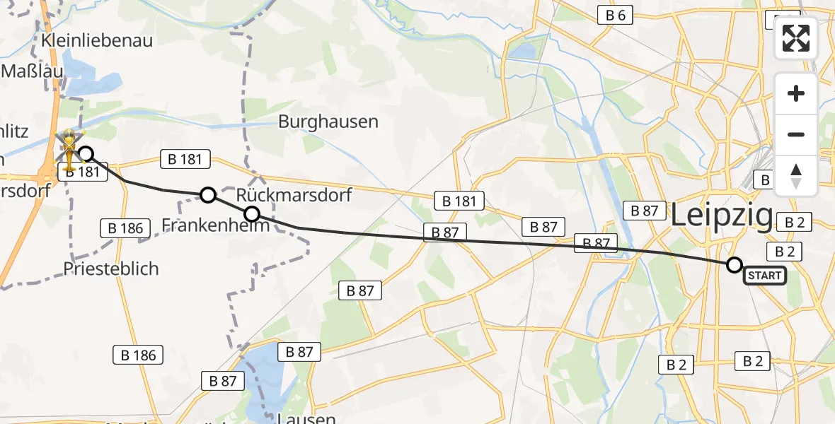 Flugroute Rettungshubschrauber Leipzig University Hospital Heliport 1 - ADAC Air Rescue Station Leipzig/Schkeuditz-Dölzig Hubschrauberlandeplatz (Christoph 61), 20 Mai 2026, 16:19