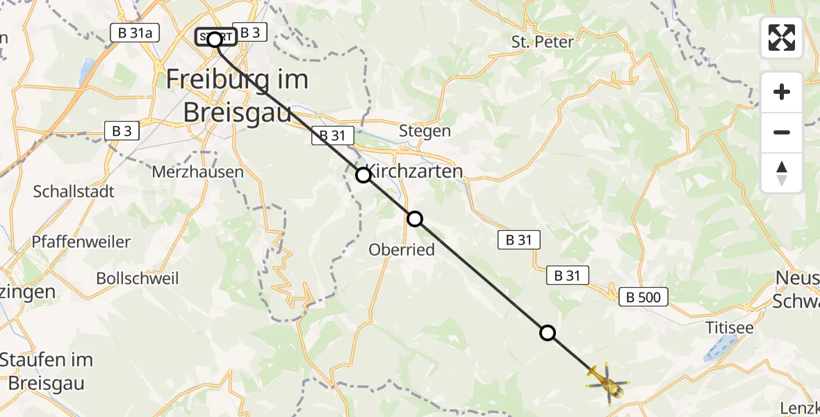 Flugroute Rettungshubschrauber Freiburg im Breisgau Flugplatz - Hinterzarten, 20 Mai 2026, 16:19