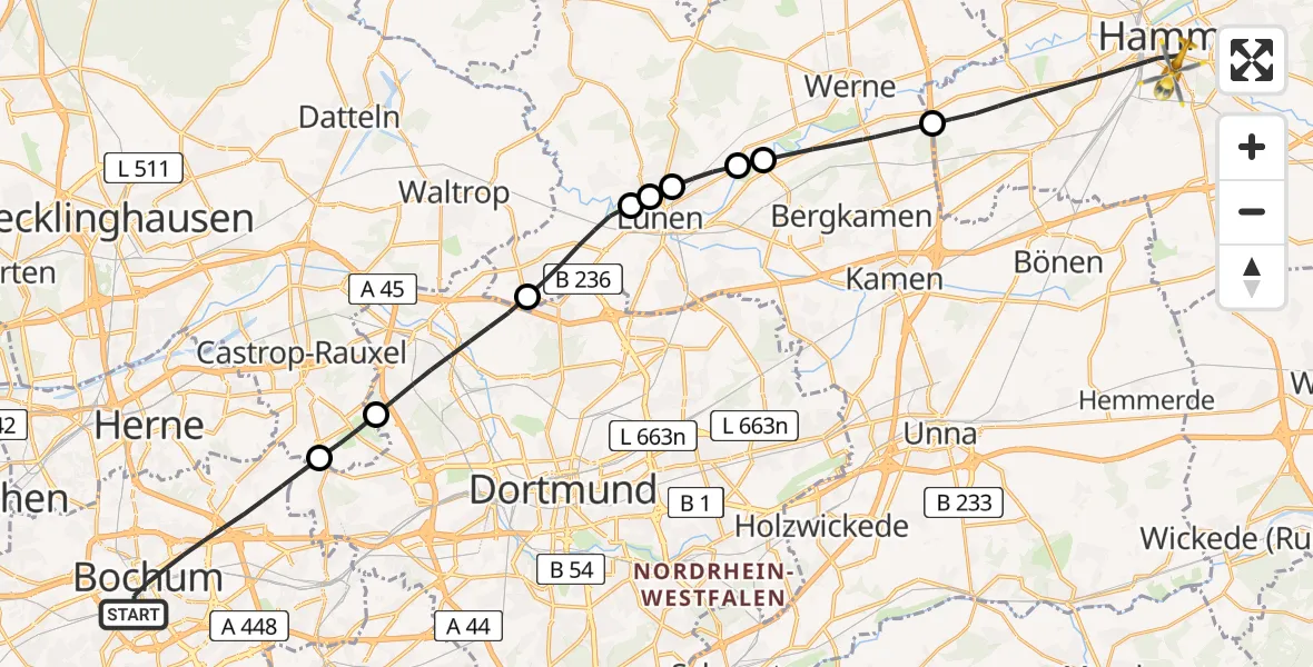 Flugroute Rettungshubschrauber Bochum - Hamm, 20 Mai 2026, 16:27