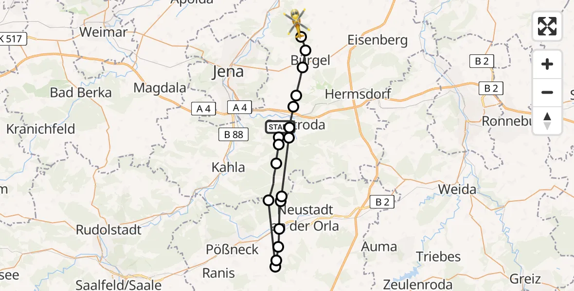 Flugroute Rettungshubschrauber Rausdorf - Tautenburg, 20 Mai 2026, 16:32
