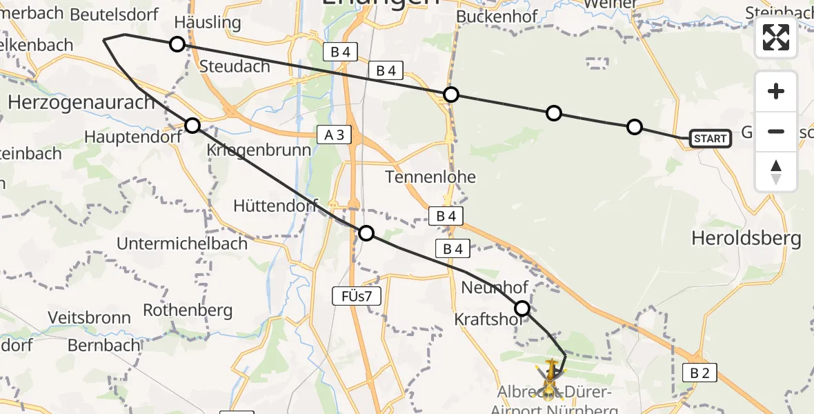 Flugroute Ambulanzhubschrauber Kalchreuth - Flughafen Nuremberg, 20 Mai 2026, 16:35