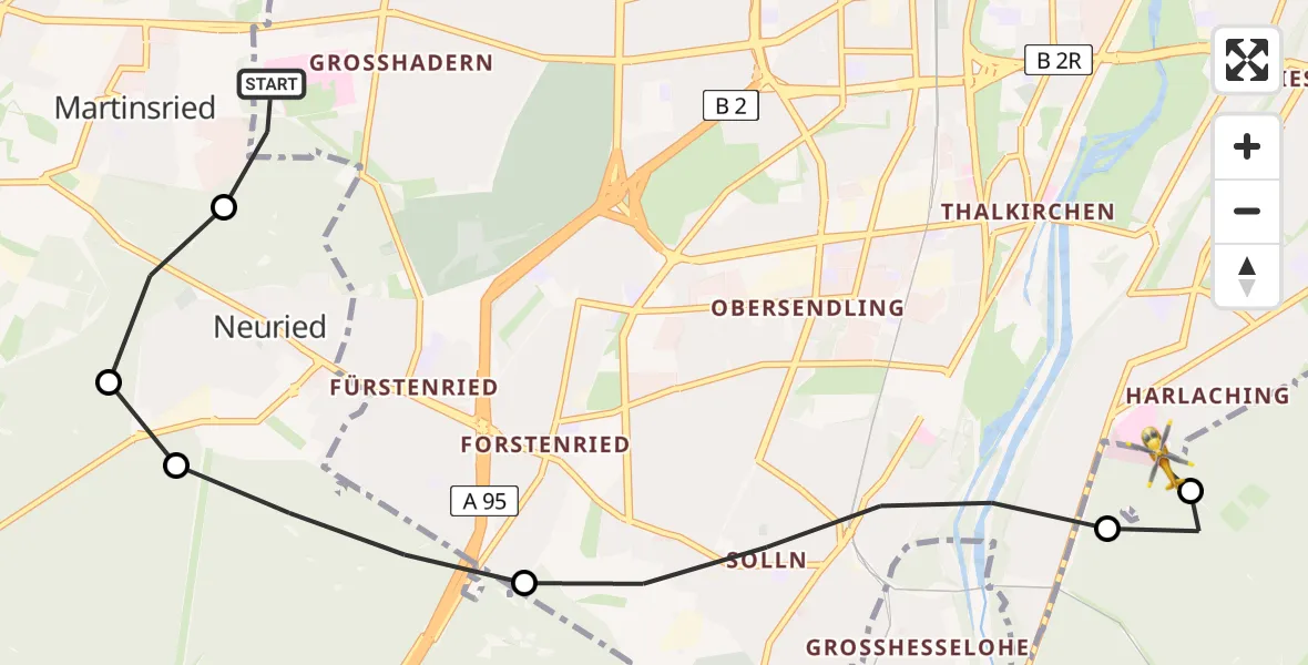 Flugroute Rettungshubschrauber DRF Air Rescue München Hubschrauberlandeplatz - ADAC Air Rescue Center Hubschrauberlandeplatz (Christoph 1), 20 Mai 2026, 16:39