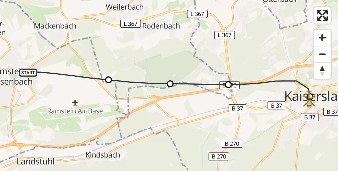 Flugroute Rettungshubschrauber Ramstein-Miesenbach - Westpfalz Hospital Kaiserslautern, 20 Mai 2026, 16:43