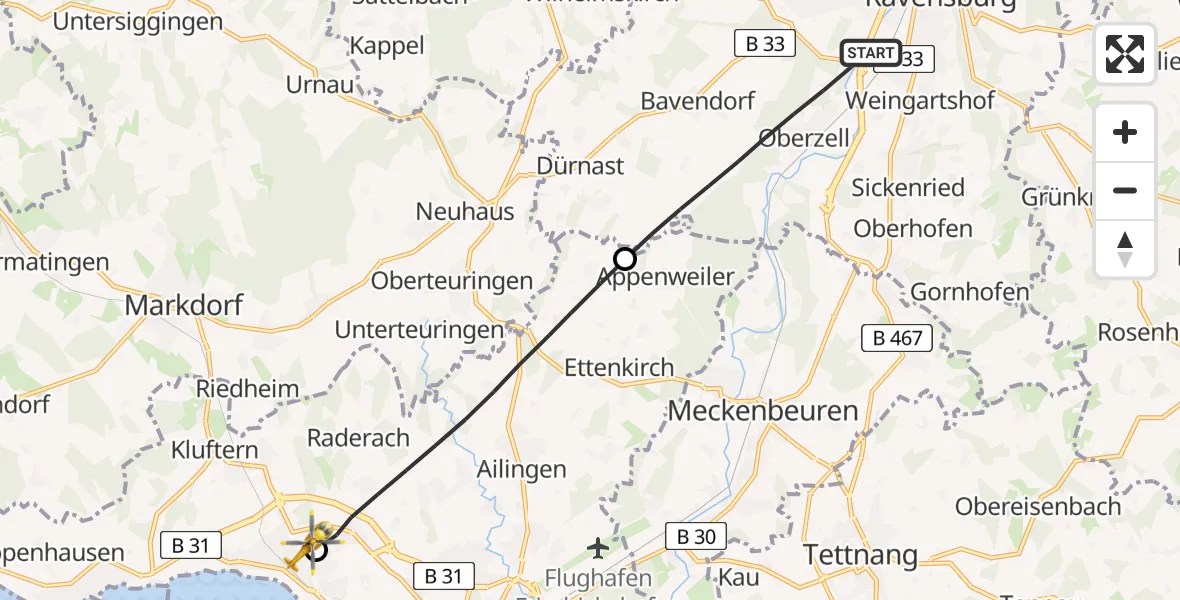 Flugroute Rettungshubschrauber Ravensburg - Friedrichshafen Hospital, 20 Mai 2026, 17:06