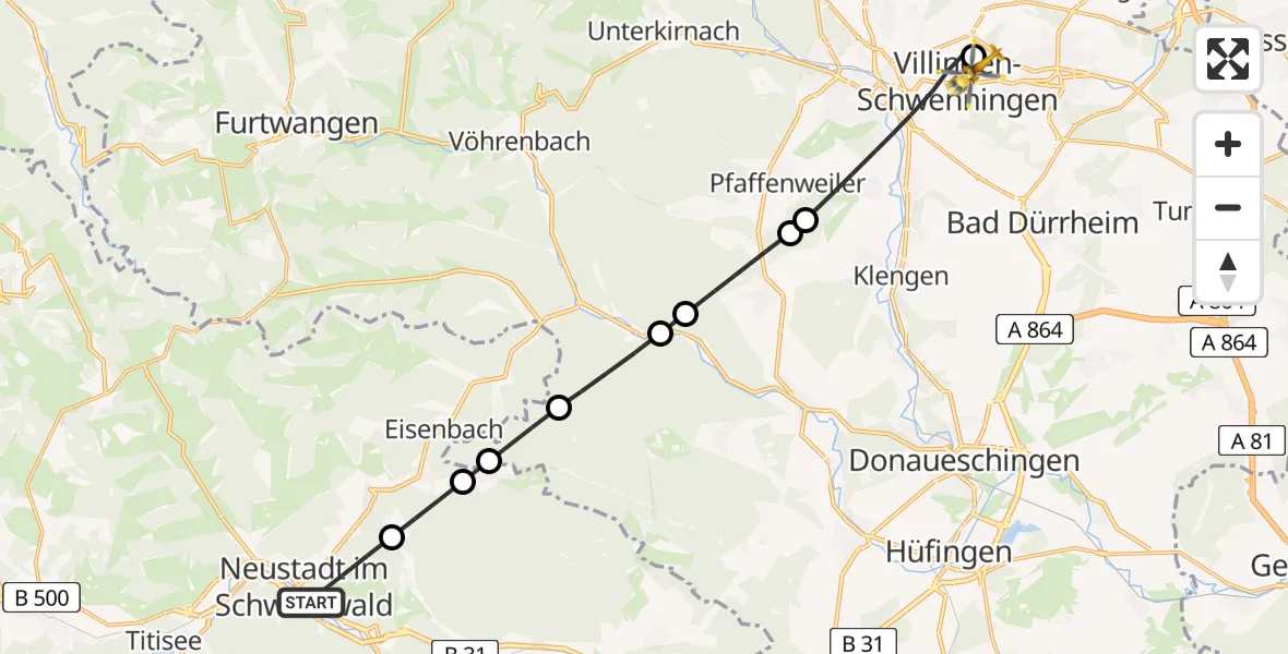 Flugroute Rettungshubschrauber Titisee-Neustadt - DRF Air Rescue Station Villingen-Schwenningen Hubschrauberlandeplatz (Christoph 11), 20 Mai 2026, 17:06