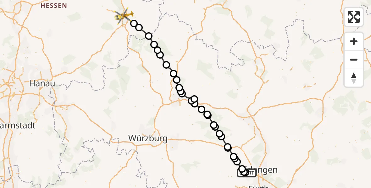 Flugroute Rettungshubschrauber Herzogenaurach Flugplatz - Fulda Hospital, 20 Mai 2026, 17:12
