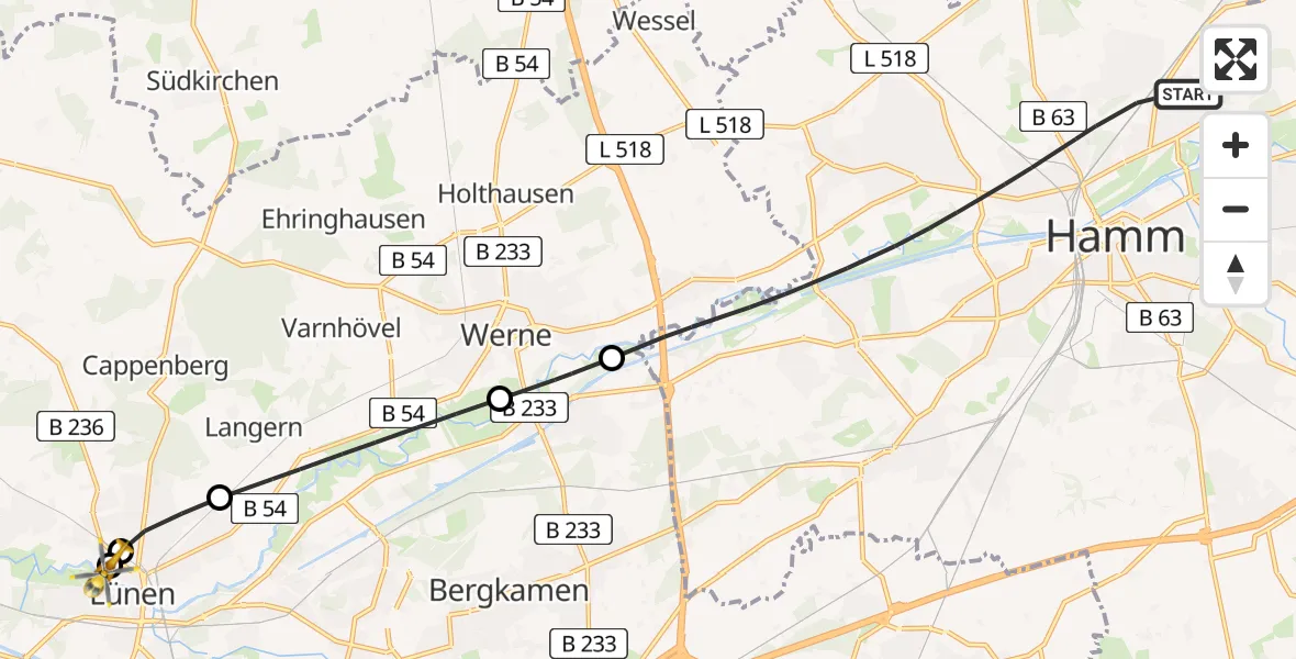 Flugroute Rettungshubschrauber Hamm - Sankt Marien Hospital, 20 Mai 2026, 17:30