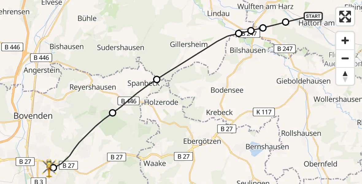 Flugroute Rettungshubschrauber Hattorf am Harz - Göttingen University Clinic Hubschrauberlandeplatz, 20 Mai 2026, 17:53