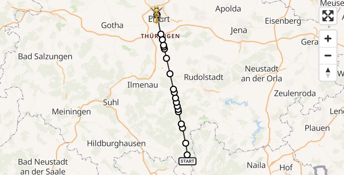 Flugroute Rettungshubschrauber Sonneberg - Helios Clinic Erfurt, 20 Mai 2026, 17:53