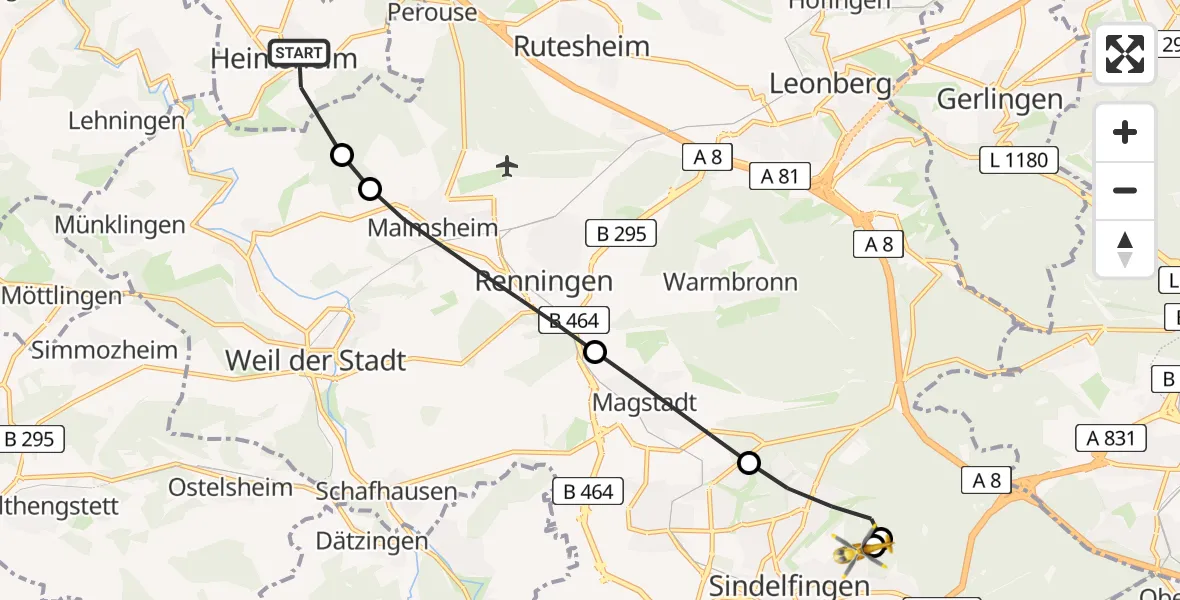 Flugroute Rettungshubschrauber Heimsheim - Sindelfingen Hospital, 20 Mai 2026, 17:58