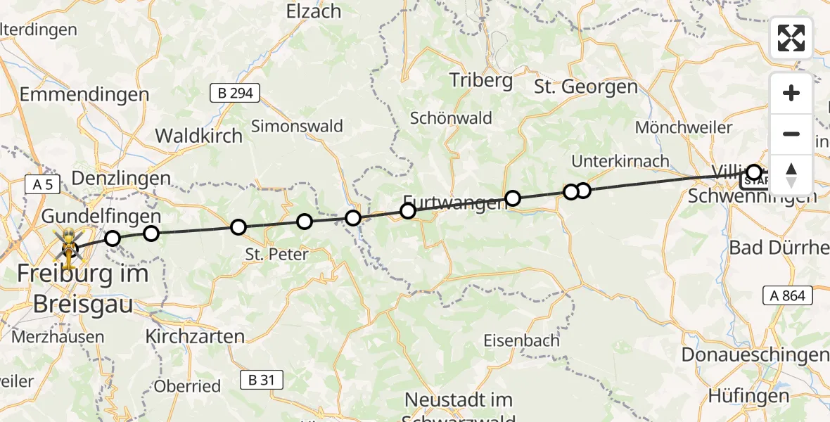 Flugroute Rettungshubschrauber DRF Air Rescue Station Villingen-Schwenningen Hubschrauberlandeplatz (Christoph 11) - Freiburg im Breisgau Flugplatz, 20 Mai 2026, 17:58