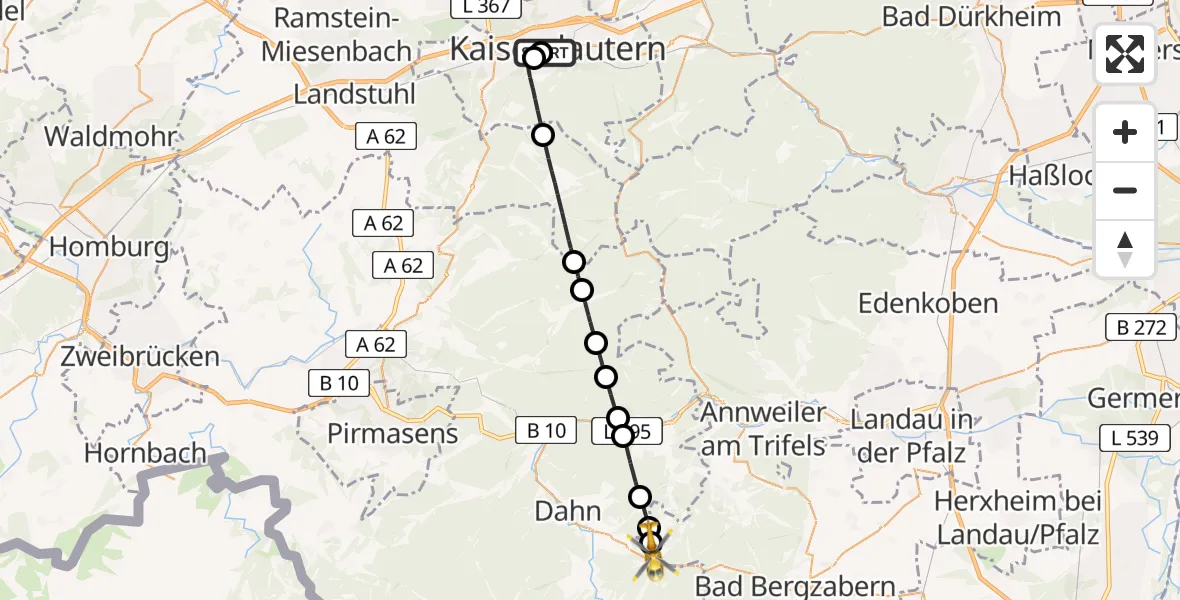 Flugroute Rettungshubschrauber Westpfalz Hospital Kaiserslautern - Vorderweidenthal, 20 Mai 2026, 18:02