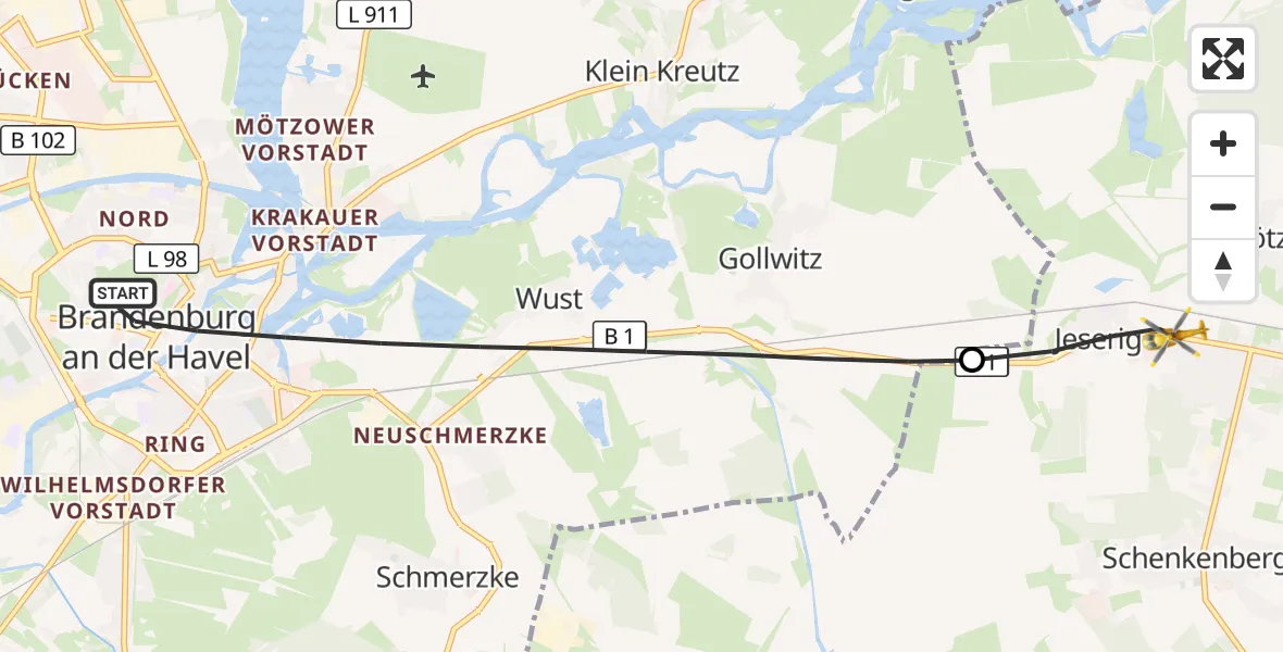 Flugroute Rettungshubschrauber Brandenburg an der Havel - Groß Kreutz (Havel), 20 Mai 2026, 18:28