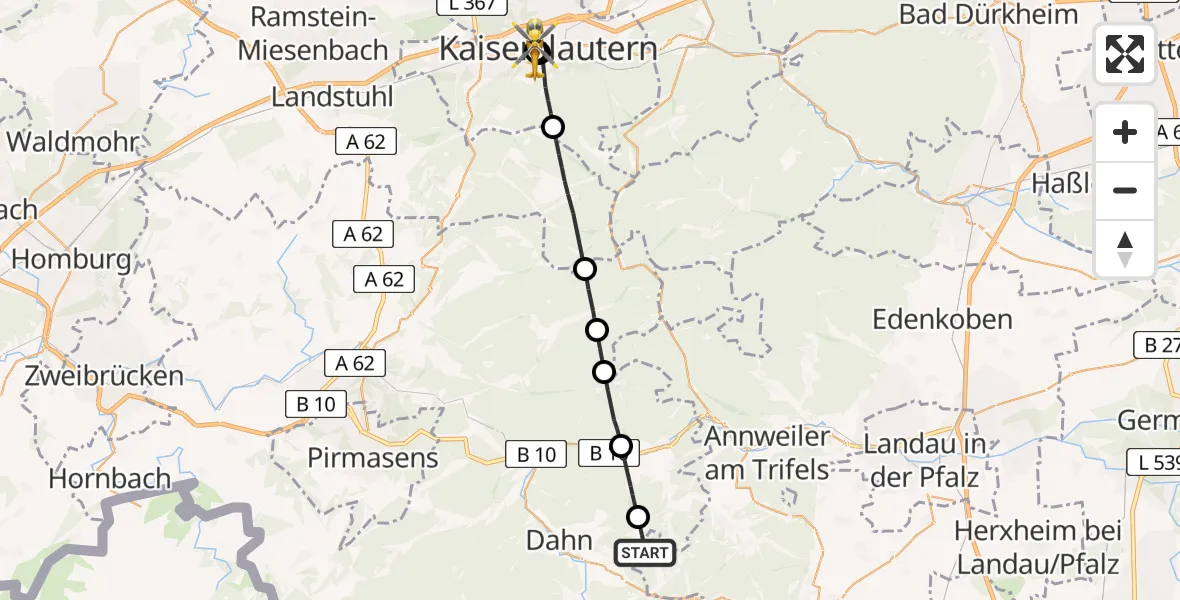Flugroute Rettungshubschrauber Busenberg - Westpfalz Hospital Kaiserslautern, 20 Mai 2026, 18:36