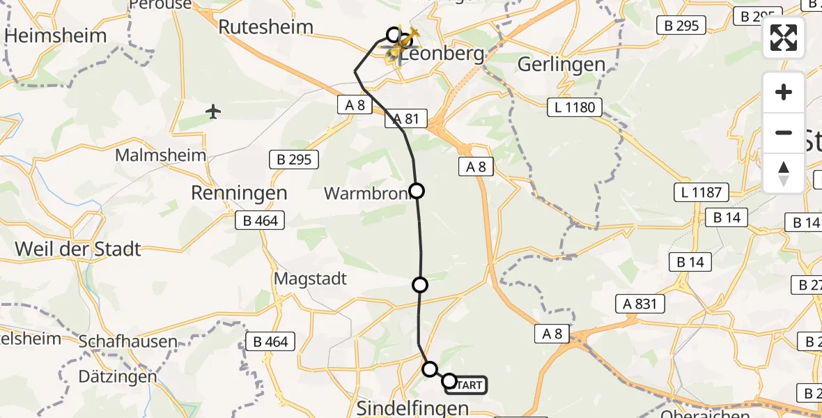 Flugroute Rettungshubschrauber Sindelfingen Hospital - Leonberg Hospital, 20 Mai 2026, 18:39
