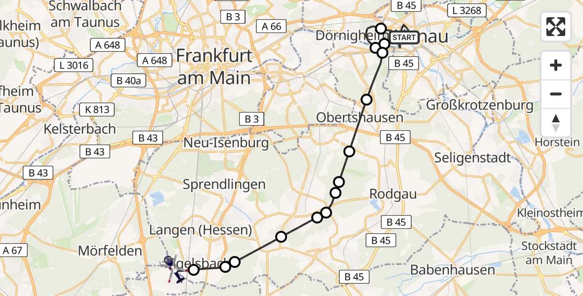 Flugroute Polizeihubschrauber Hanau - Flughafen Frankfurt-Egelsbach, 20 Mai 2026, 18:44