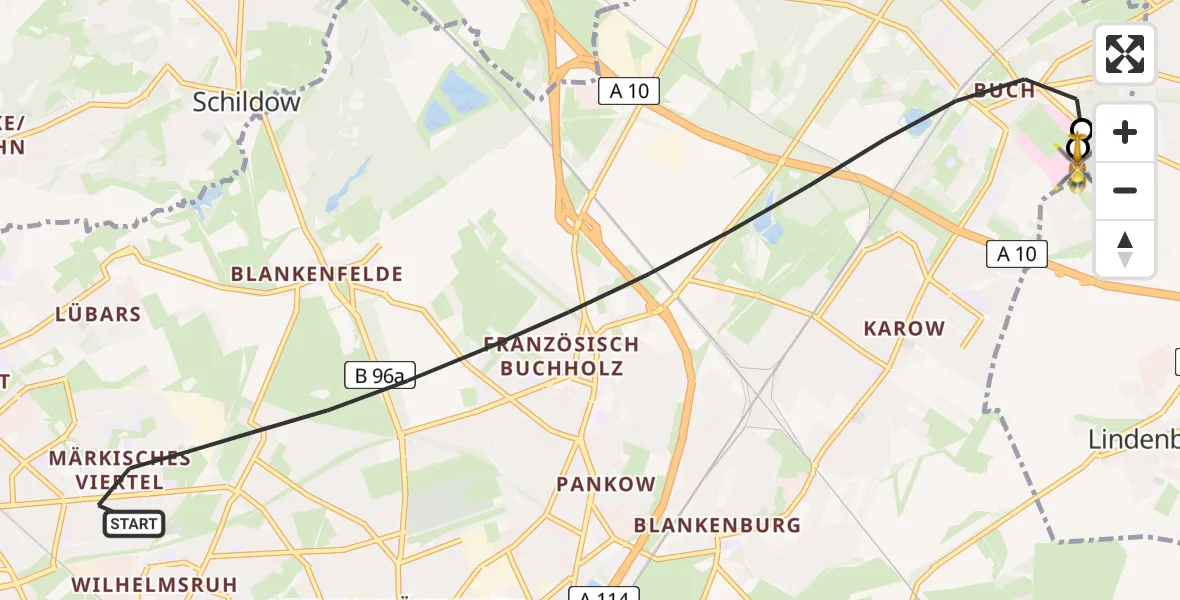 Flugroute Rettungshubschrauber Berlin - Helios Clinic Berlin-Buch, 20 Mai 2026, 18:57