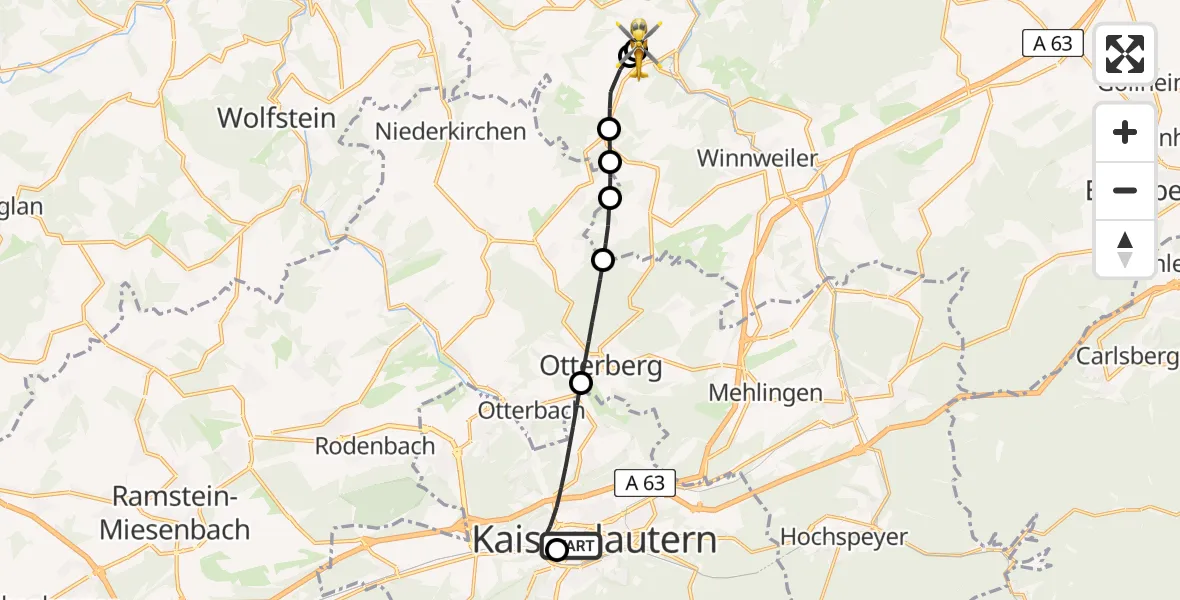 Flugroute Rettungshubschrauber Westpfalz Hospital Kaiserslautern - Imsweiler UL, 20 Mai 2026, 19:08