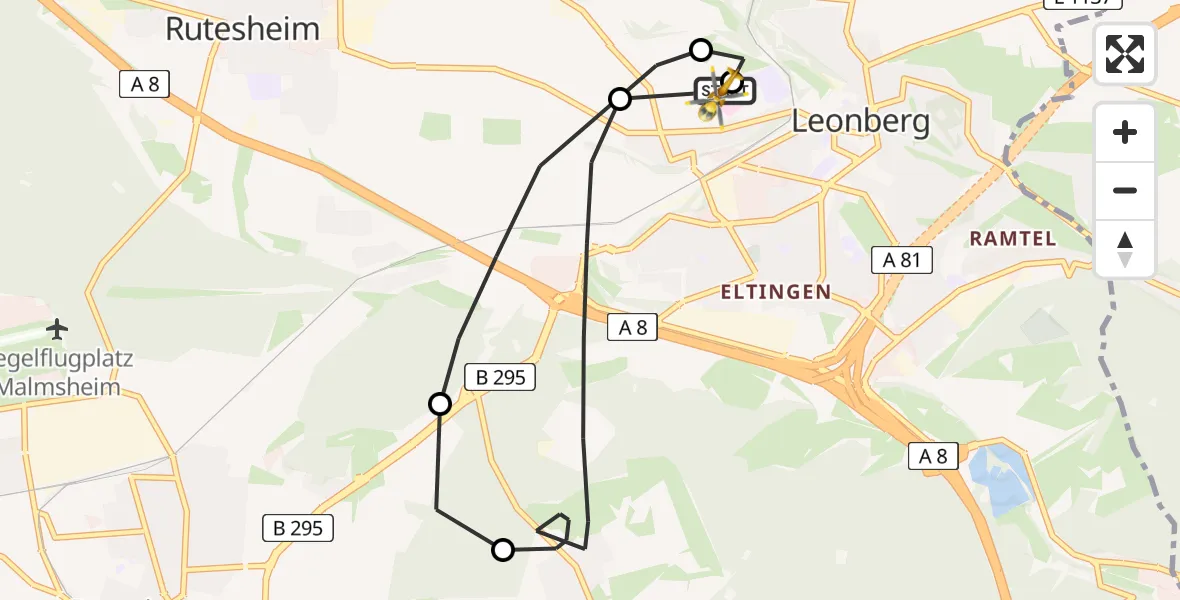 Flugroute Rettungshubschrauber Leonberg Hospital - Leonberg Hospital, 20 Mai 2026, 19:09