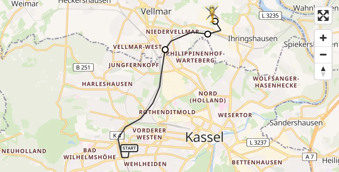 Flugroute Rettungshubschrauber Kassel - Fuldatal Bundespolizei Hubschrauberlandeplatz, 20 Mai 2026, 19:12