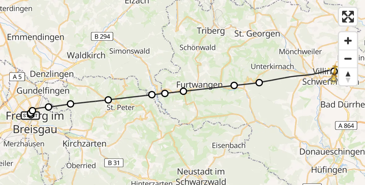 Flugroute Ambulanzhubschrauber Freiburg University Hospital Heliport 1 - DRF Air Rescue Station Villingen-Schwenningen Hubschrauberlandeplatz (Christoph 11), 20 Mai 2026, 20:43