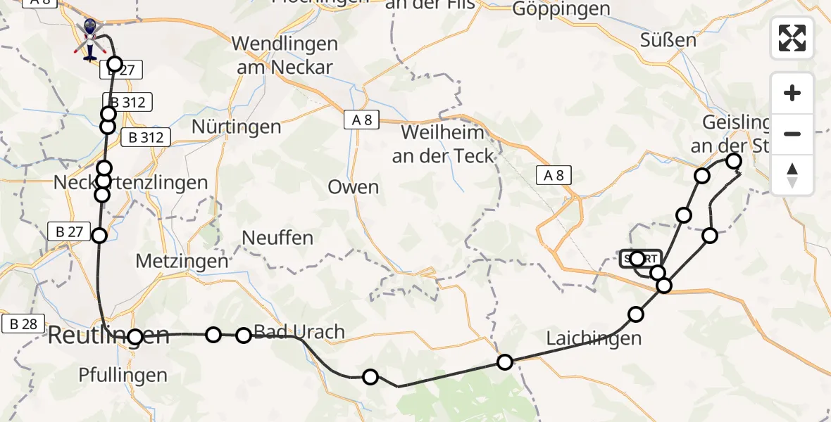 Flugroute Polizeihubschrauber Nellingen - Flughafen Stuttgart, 20 Mai 2026, 21:04