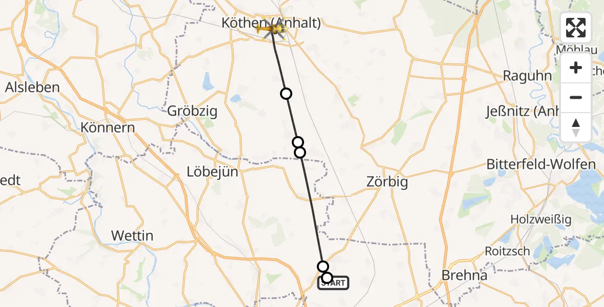 Flugroute Rettungshubschrauber Halle-Oppin Flugplatz - Köthen (Anhalt), 20 Mai 2026, 22:15
