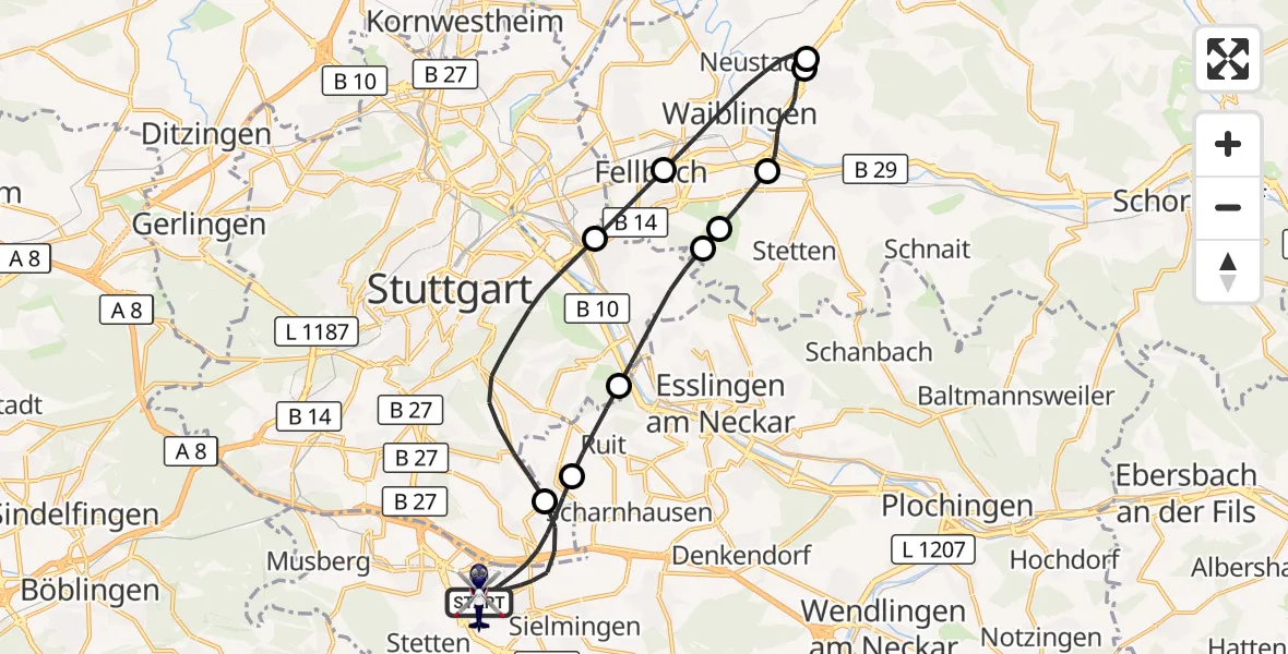 Flugroute Polizeihubschrauber Flughafen Stuttgart - Flughafen Stuttgart, 20 Mai 2026, 22:23