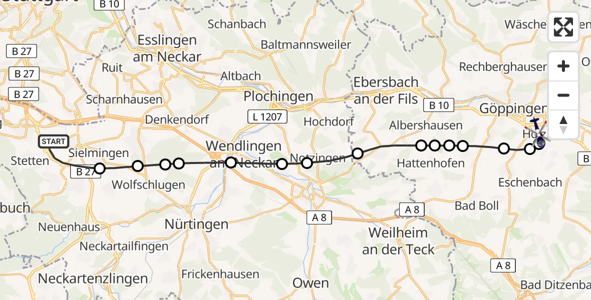 Flugroute Polizeihubschrauber Flughafen Stuttgart - Göppingen, 21 Mai 2026, 05:00