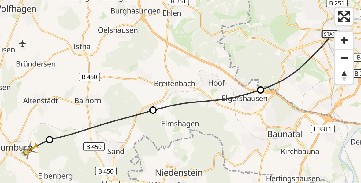 Flugroute Rettungshubschrauber Kassel - Naumburg, 21 Mai 2026, 05:20
