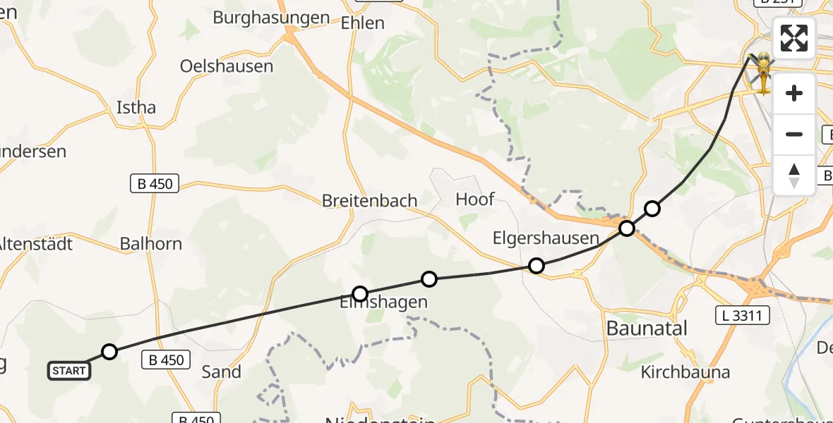 Flugroute Rettungshubschrauber Naumburg - Kassel, 21 Mai 2026, 05:52