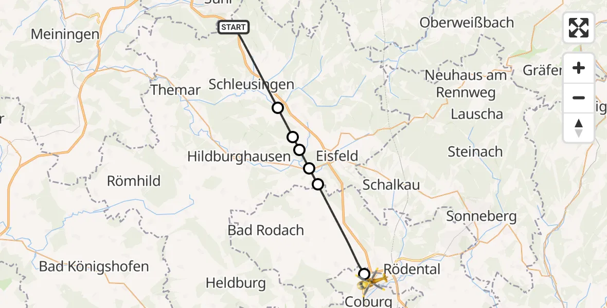 Flugroute Rettungshubschrauber Schleusingen - Coburg, 21 Mai 2026, 05:53