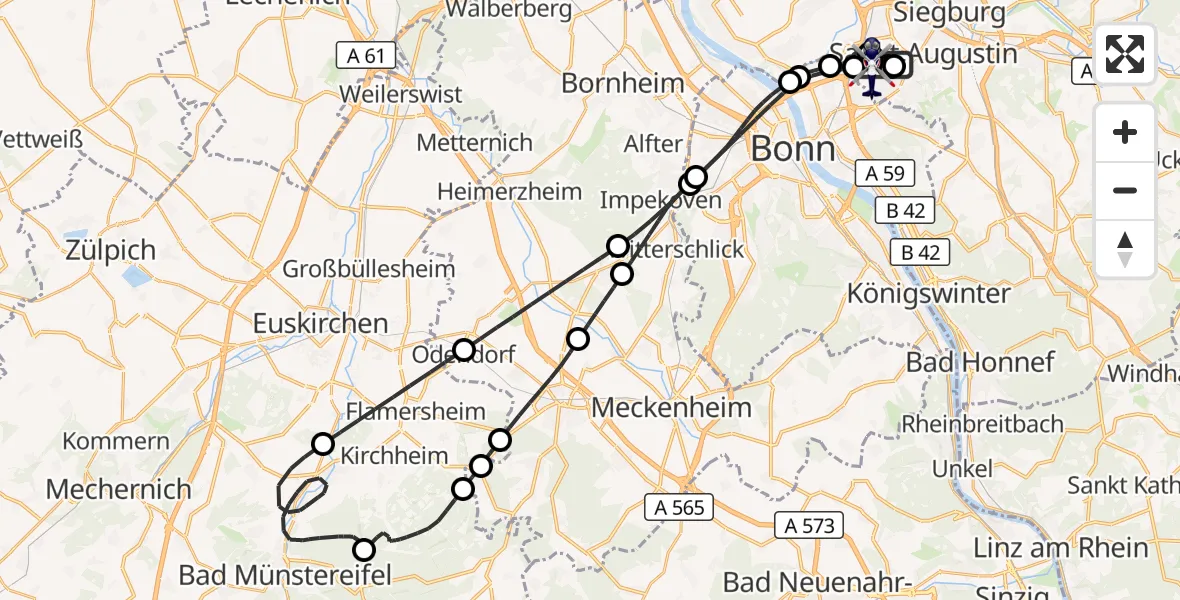 Flugroute Polizeihubschrauber Bonn-Hangelar Flugplatz - Sankt Augustin, 21 Mai 2026, 06:05