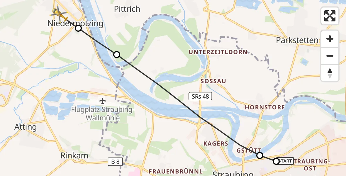 Flugroute Rettungshubschrauber Sankt Elisabeth Hospital Straubing - Aholfing, 21 Mai 2026, 06:08