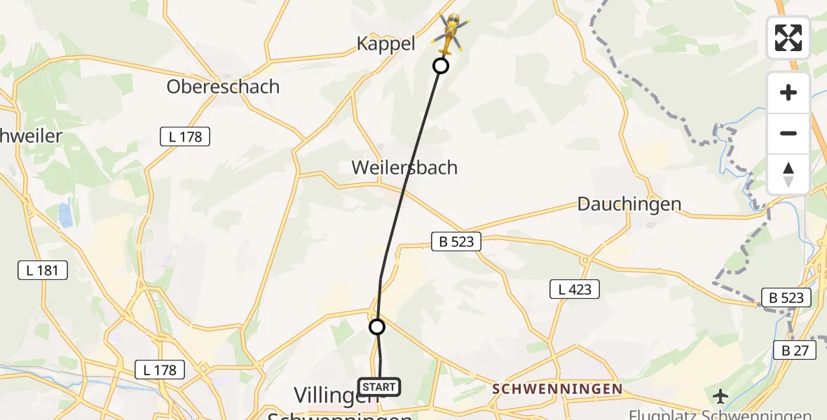 Flugroute Ambulanzhubschrauber DRF Air Rescue Station Villingen-Schwenningen Hubschrauberlandeplatz (Christoph 11) - Niedereschach, 21 Mai 2026, 06:08