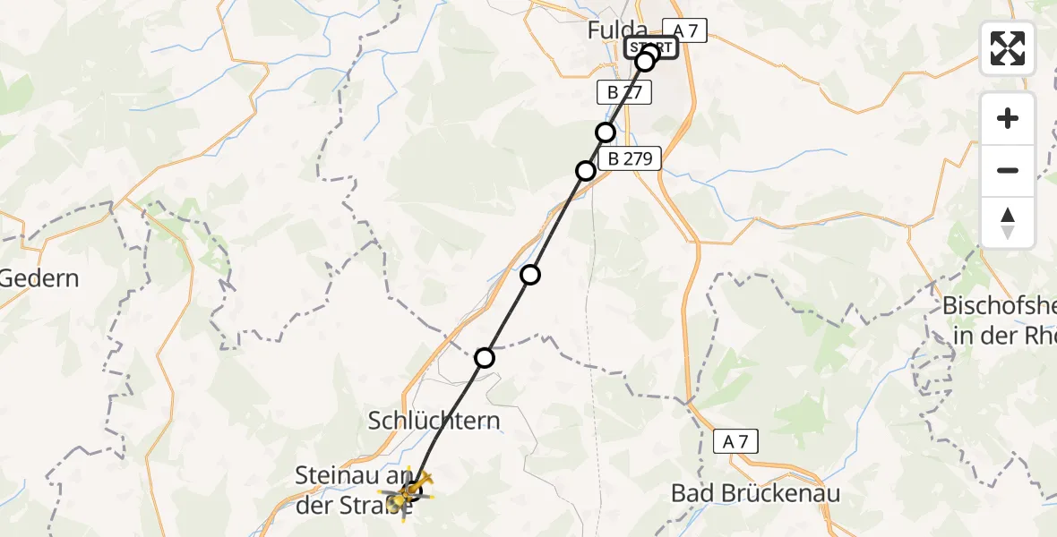 Flugroute Rettungshubschrauber Fulda Hospital - Steinau an der Straße, 21 Mai 2026, 06:18