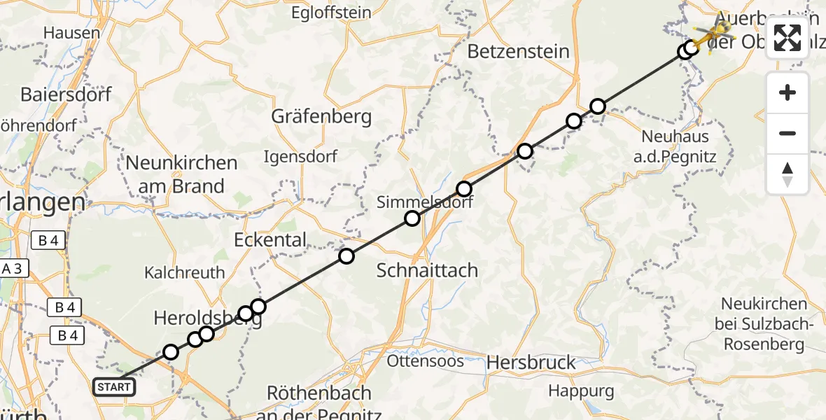Flugroute Ambulanzhubschrauber Flughafen Nuremberg - Auerbach i.d.OPf., 21 Mai 2026, 06:28