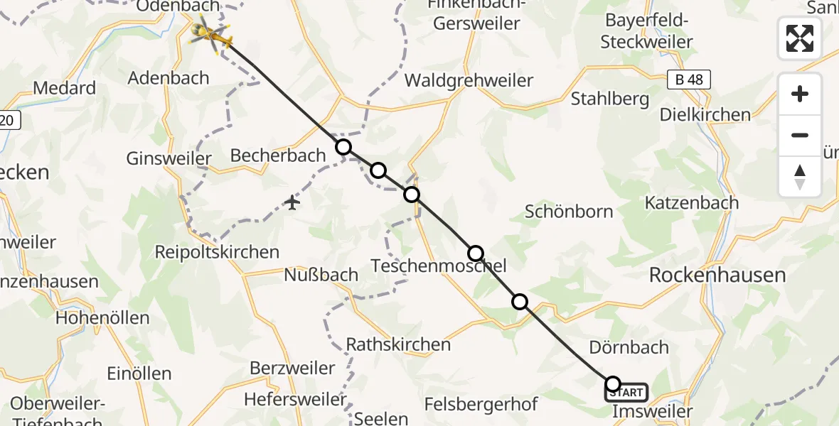 Flugroute Rettungshubschrauber Imsweiler UL - Odenbach, 21 Mai 2026, 06:28