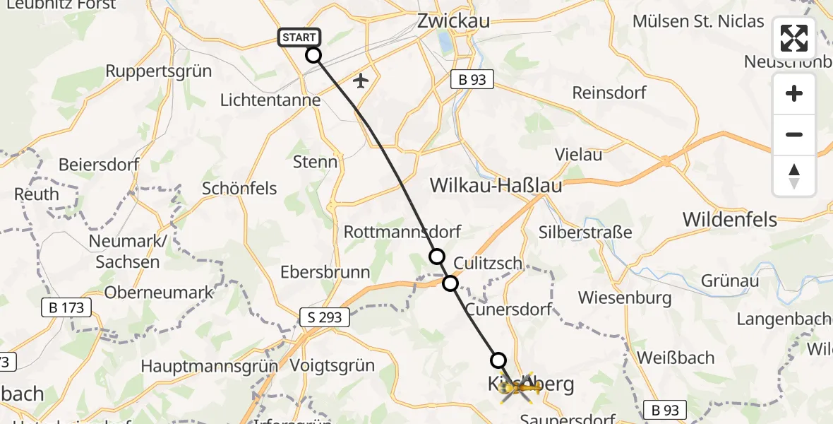 Flugroute Rettungshubschrauber Werdau - Kirchberg, 21 Mai 2026, 06:31