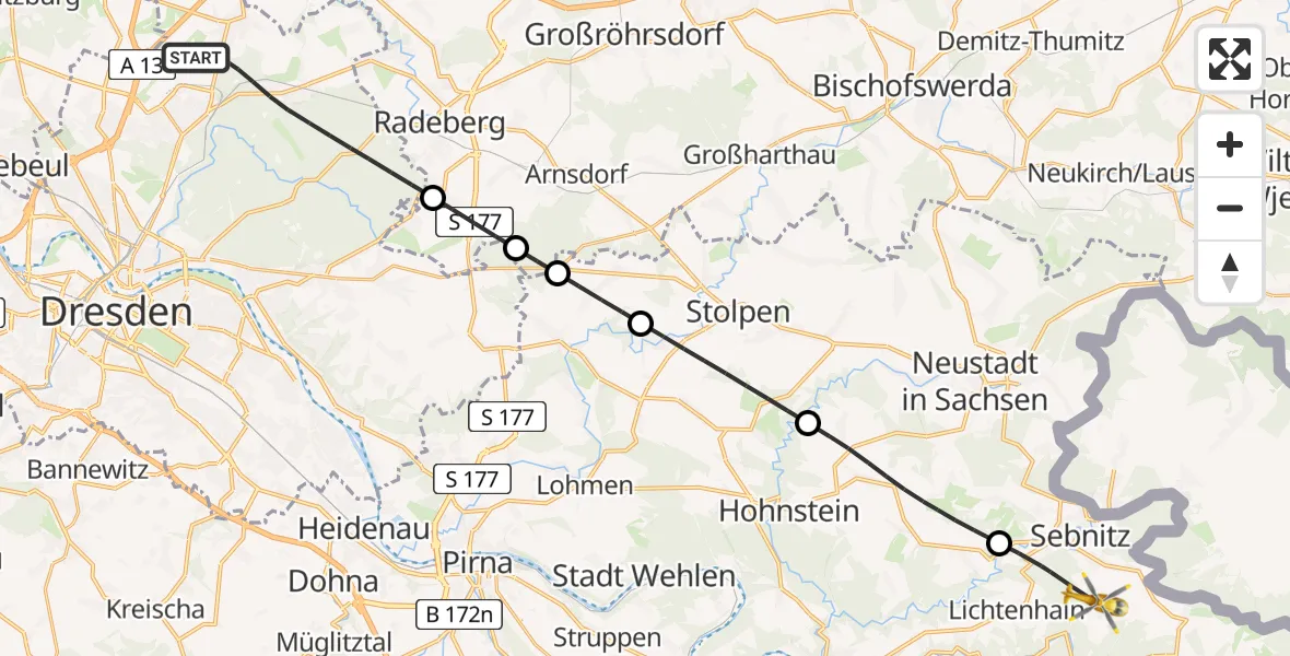 Flugroute Rettungshubschrauber Dresden - Sebnitz, 21 Mai 2026, 06:34