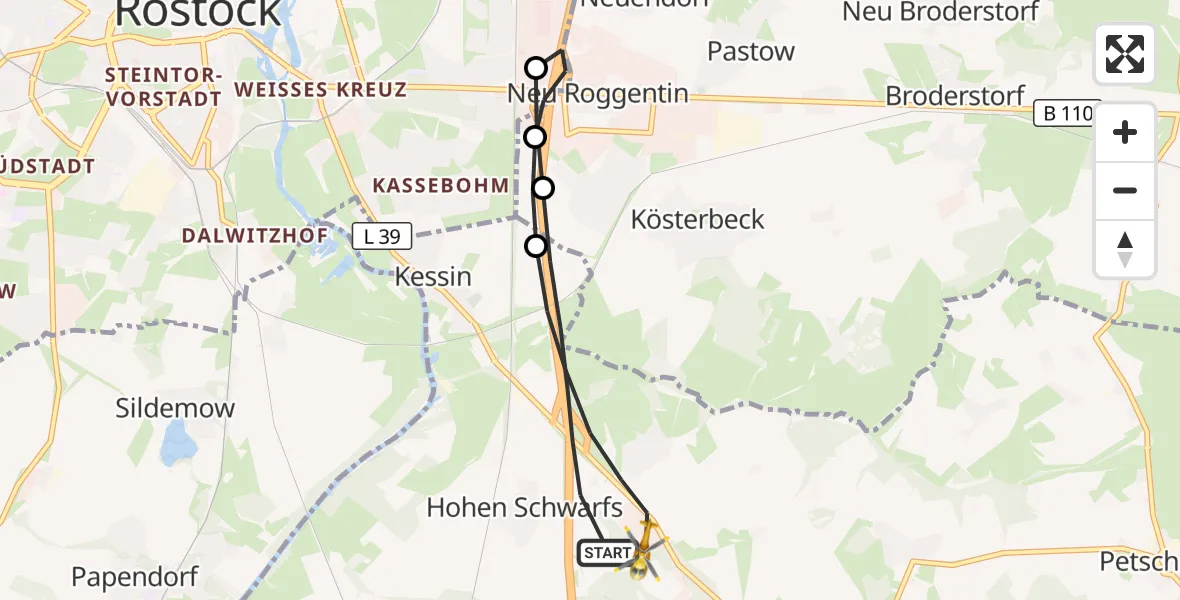 Flugroute Ambulanzhubschrauber Dummerstorf - Dummerstorf, 21 Mai 2026, 06:45