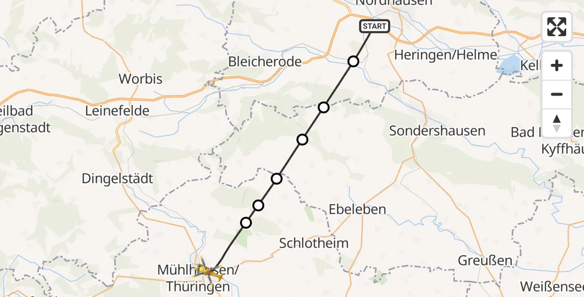 Flugroute Rettungshubschrauber Werther - Mühlhausen/Thüringen, 21 Mai 2026, 06:45